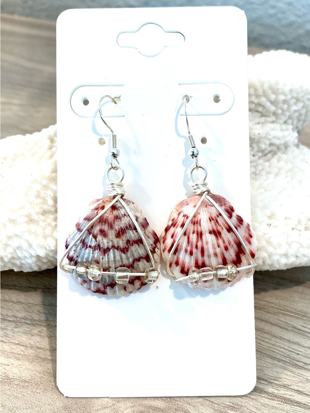 126. Handcrafted Sanibel Calico Scallop Shell Drop Earrings